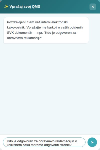 Okno Vprašaj svoj QMS z vpisanim vprašanjem pred pošiljanjem
