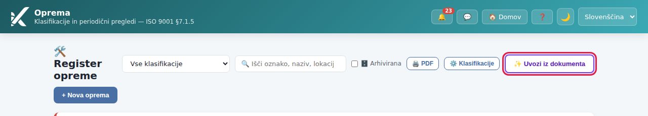 Gumb ✨ Uvozi iz dokumenta ob gumbu za nov vnos (register Oprema)
