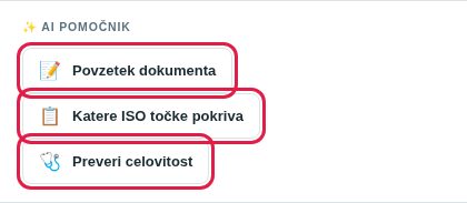 Razdelek AI pomočnik v panelu dokumenta