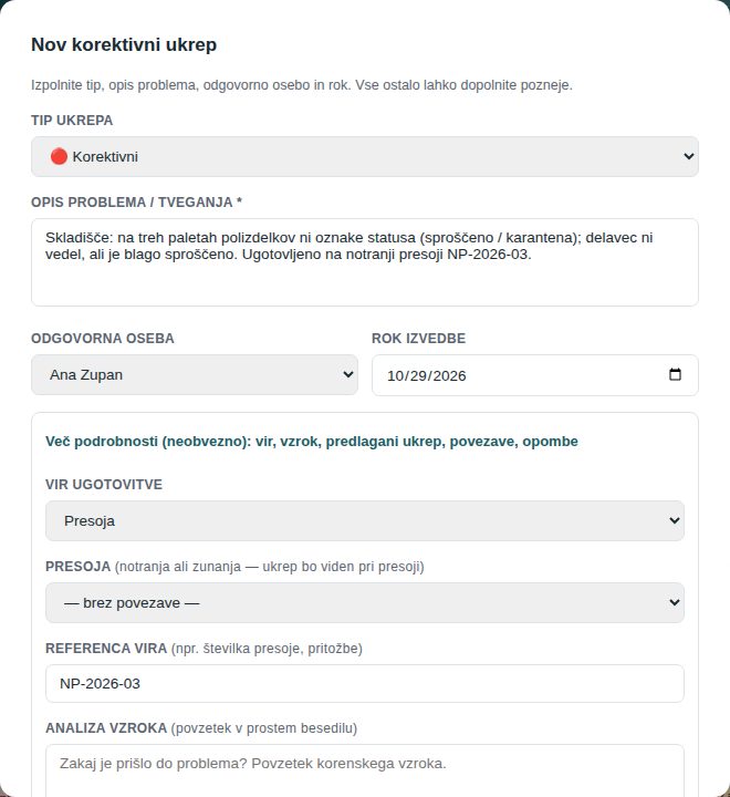 Nov korektivni ukrep iz presoje NP-2026-03 z izbrano metodo 5 Zakaj in dodatkom 8D