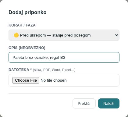 Okno Dodaj priponko: faza Pred ukrepom, opis in datoteka