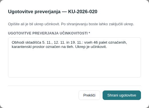 Ugotovitve preverjanja učinkovitosti: trije obhodi skladišča, ukrep je učinkovit