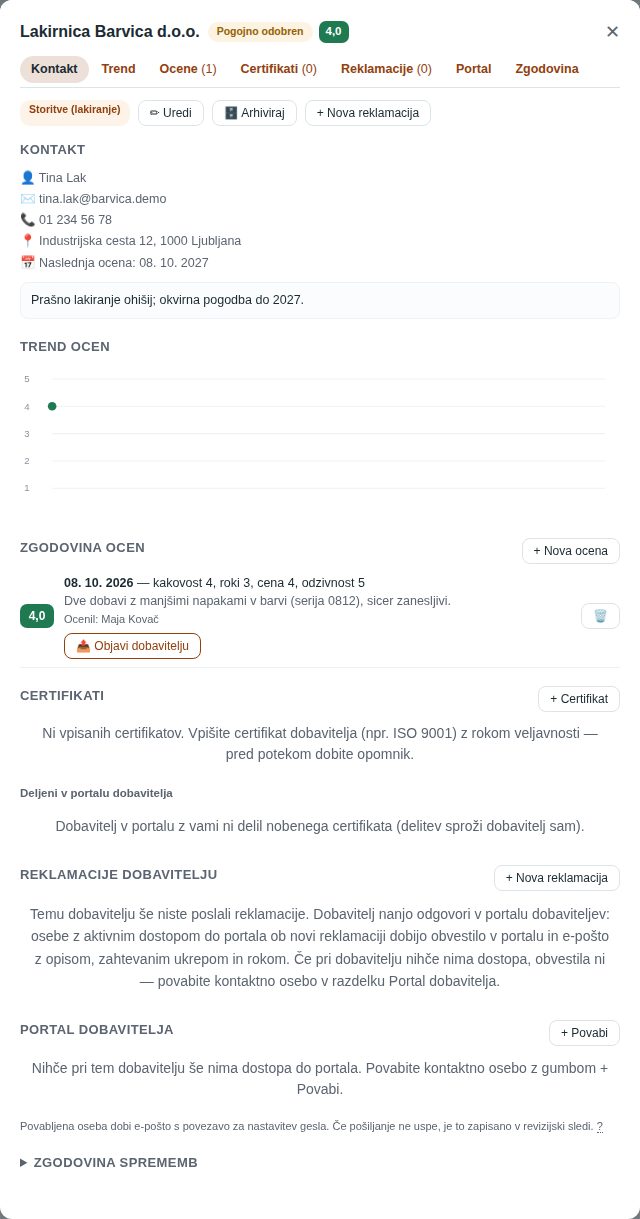 Podrobnosti novega dobavitelja: glava z oceno in statusom, vrstica sidrišč, kontakt, prva ocena, še brez certifikatov, reklamacij in dostopa do portala