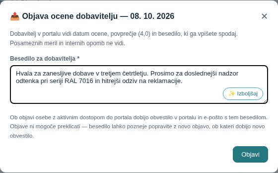 Okno Objava ocene s povprečjem 4,0 in besedilom, ki ga bo dobavitelj videl v portalu