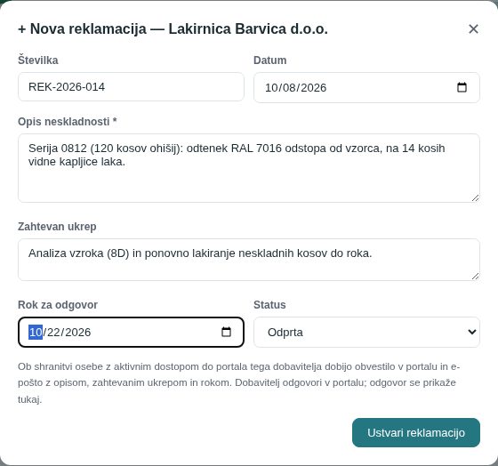 Okno Nova reklamacija s številko, opisom, zahtevanim ukrepom in rokom za odgovor