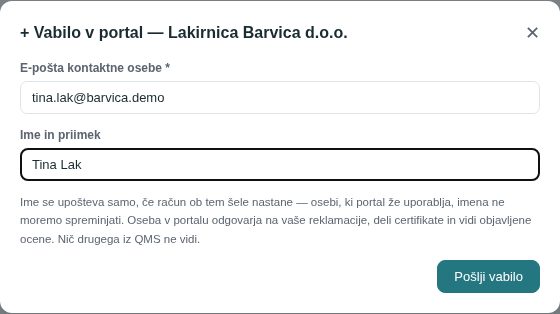 Okno Vabilo v portal za kontaktno osebo dobavitelja