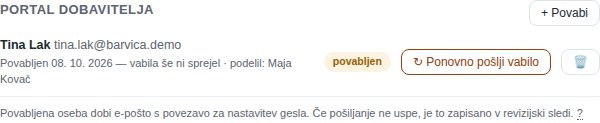 Razdelek Portal dobavitelja po poslanem vabilu: stanje povabljen, datum in kdo je povabil