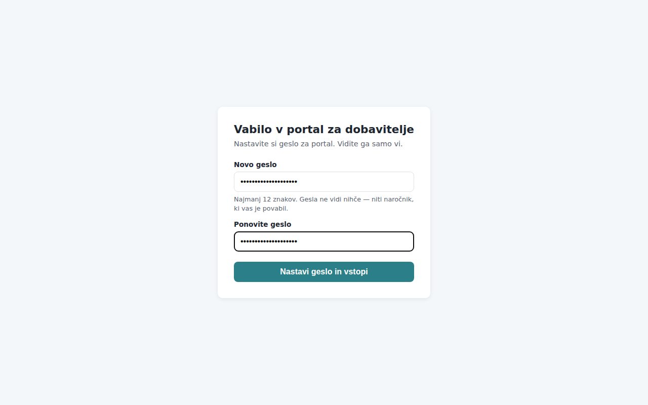 Nastavitev gesla ob prvem sprejemu vabila