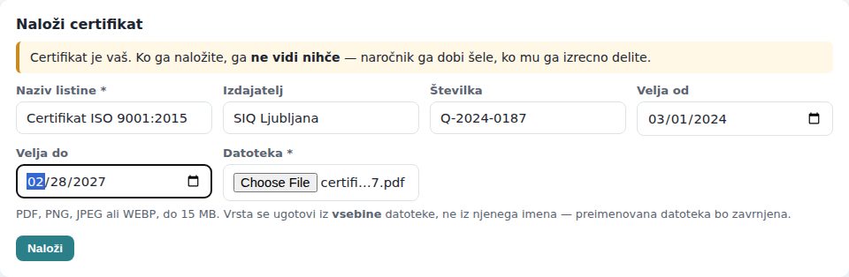 Obrazec Naloži certifikat, izpolnjen za certifikat ISO 9001 z veljavnostjo