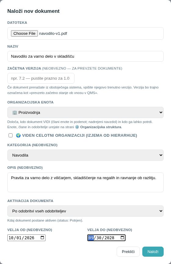 Okno Naloži nov dokument, izpolnjeno za navodilo Proizvodnje s kategorijo Navodila in aktivacijo po odobritvi