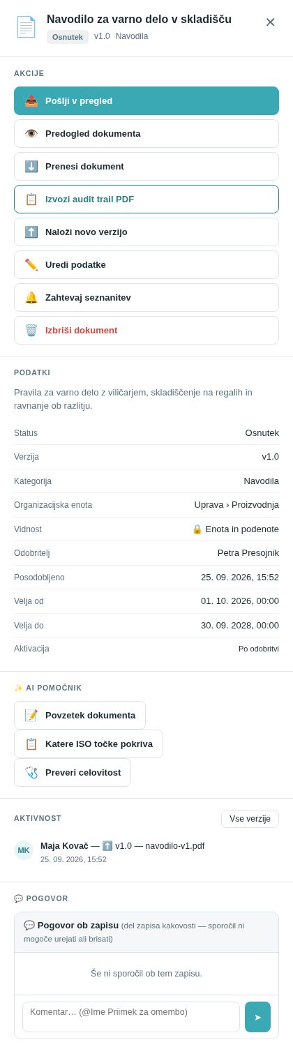Okno osnutka, kot ga vidi avtor: gumb Pošlji v pregled, urejanje, brisanje in podatki