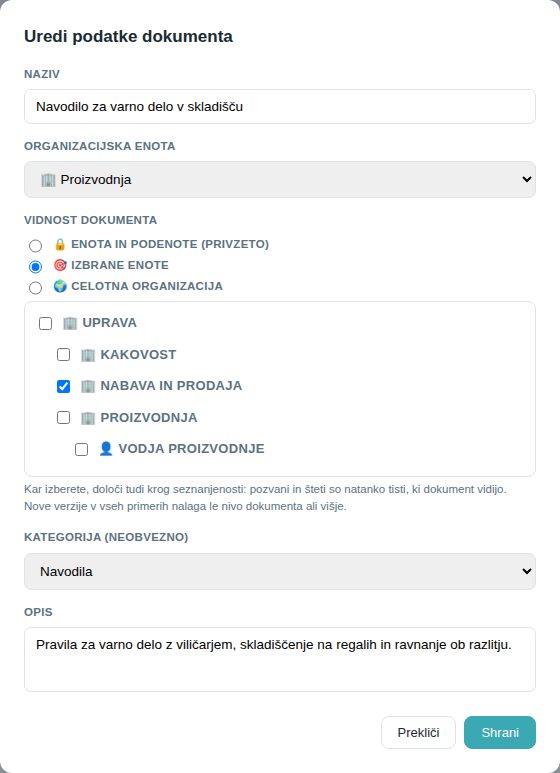 Okno Uredi podatke dokumenta z izbiro vidnosti 🎯 Izbrane enote in kljukicami po enotah
