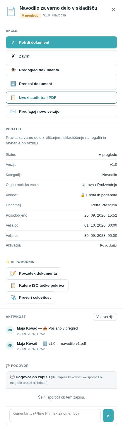 Okno dokumenta pri odobriteljici: gumba Potrdi dokument in Zavrni