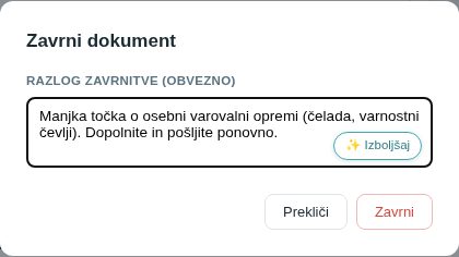 Okno Zavrni dokument z vpisanim razlogom