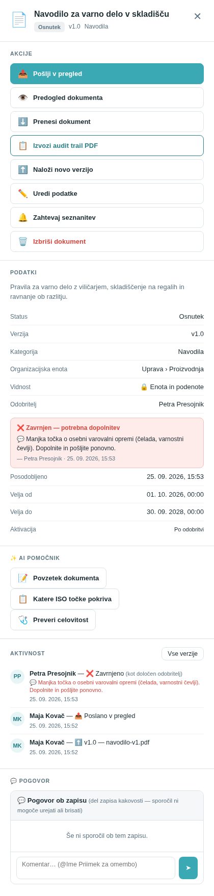 Okno zavrnjenega dokumenta: rdeč okvir »Zavrnjen — potrebna dopolnitev« z razlogom, kdo in kdaj
