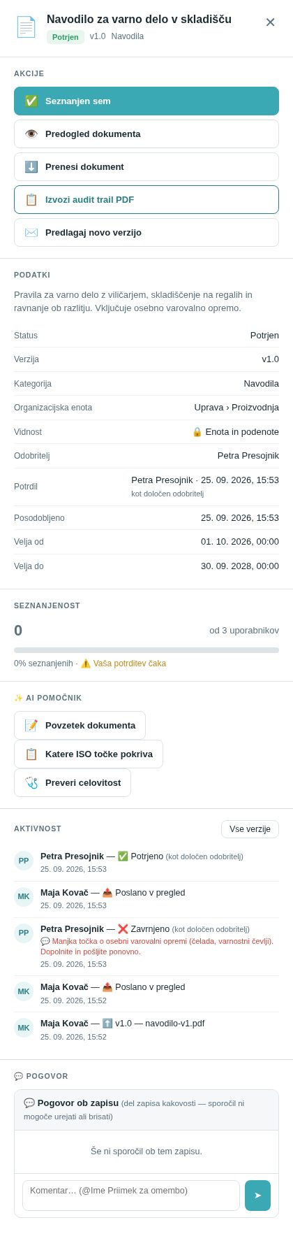 Okno dokumenta pri bralcu: Seznanjen sem, Predlagaj novo verzijo in odstotek seznanjenih