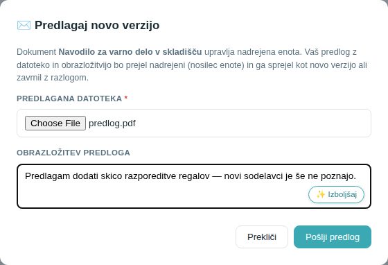 Okno Predlagaj novo verzijo s priloženo datoteko in obrazložitvijo