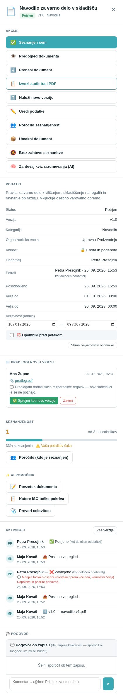 Okno potrjenega dokumenta, kot ga vidi skrbnik: nova verzija, poročilo seznanjenosti, umik, veljavnost z opomniki