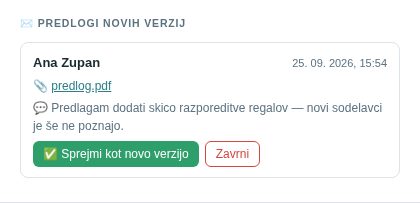 Razdelek Predlogi novih verzij pri nadrejenem: datoteka, obrazložitev in gumba za sprejem ali zavrnitev