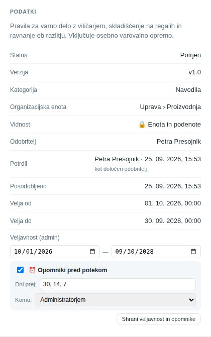 Veljavnost (admin) pri potrjenem dokumentu: datuma in vklopljeni opomniki 30, 14 in 7 dni pred potekom