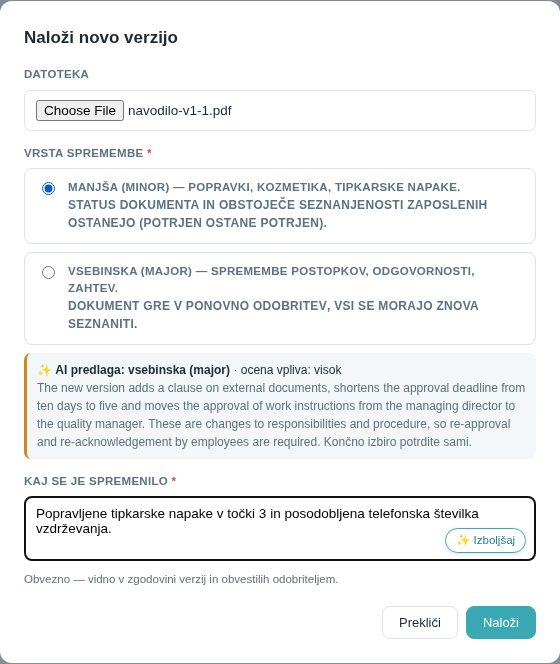 Nova verzija: manjša sprememba s predlogom AI in obveznim opisom sprememb