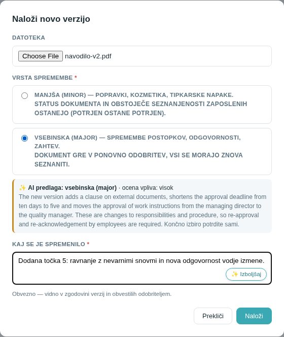 Nova verzija: vsebinska sprememba — dokument gre v ponovno odobritev
