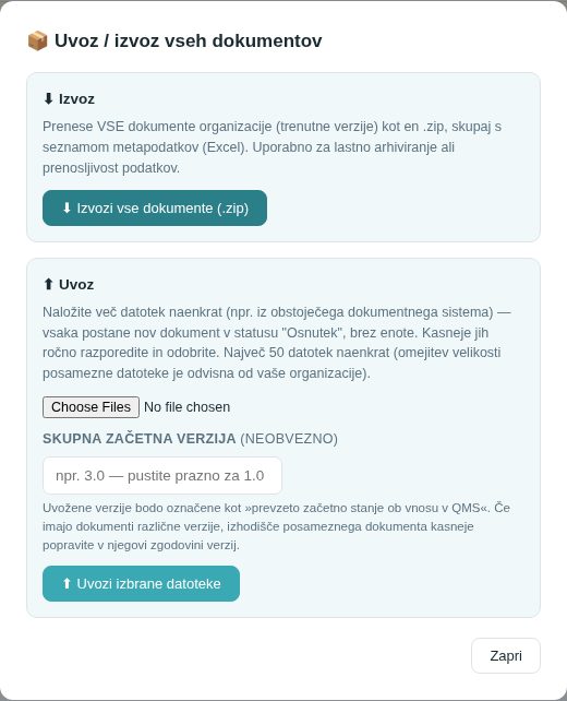 Okno Uvoz / izvoz vseh dokumentov