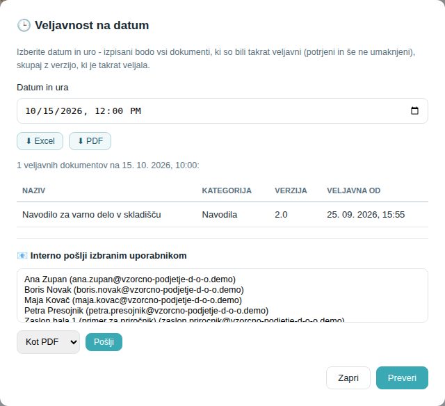 Okno Veljavnost na datum s seznamom takrat veljavnih dokumentov in njihovih verzij