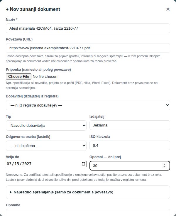 Okno + Nov zunanji dokument, izpolnjeno za predpis s spremljanjem novih različic