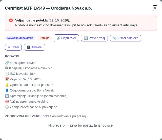 Podrobnosti zunanjega dokumenta z gumbi, podatki in zgodovino preverb
