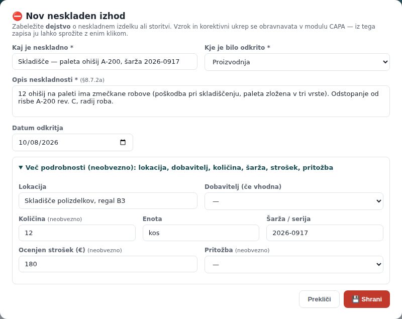 Nov neskladen izhod: paleta ohišij z zmečkanimi robovi, odkrito v proizvodnji, 12 kosov, šarža in strošek