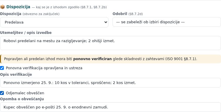 Dispozicija Predelava z opisom izvedbe, opravljeno ponovno verifikacijo in obvestilom kupcu