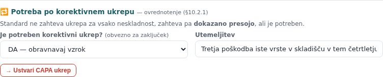 Po kliku Ustvari CAPA ukrep: povezan ukrep s številko in statusom