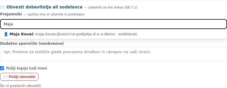 Izbira prejemnikov iz predlogov (sodelavci in dobavitelji organizacije)