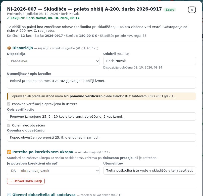 Zaprt zapis: vsa polja samo za branje, gumb Ponovno odpri