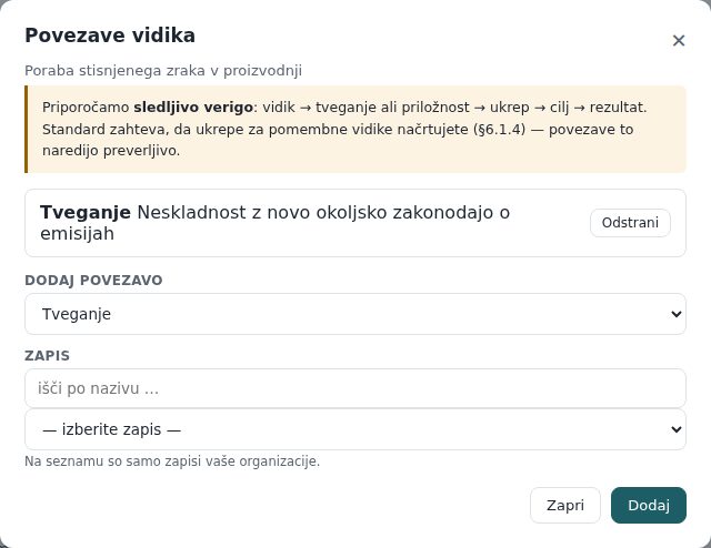 Okno Povezave vidika: obstoječa povezava na tveganje in obrazec za novo povezavo