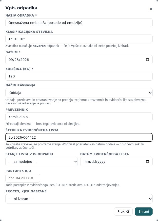 Okno Vpis odpadka: nevaren odpadek s klasifikacijsko številko, količino, prevzemnikom in evidenčnim listom