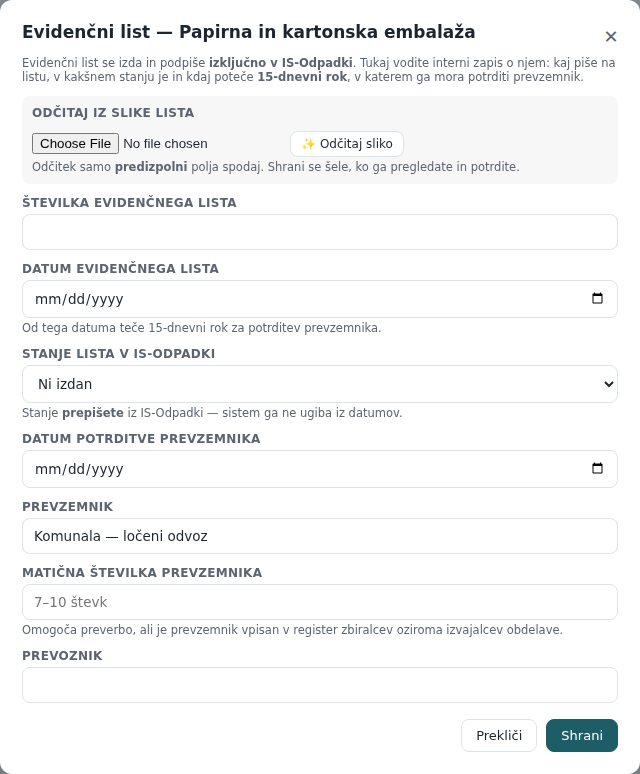 Okno Evidenčni list: številka, datum, stanje v IS-Odpadki in podatki prevzemnika