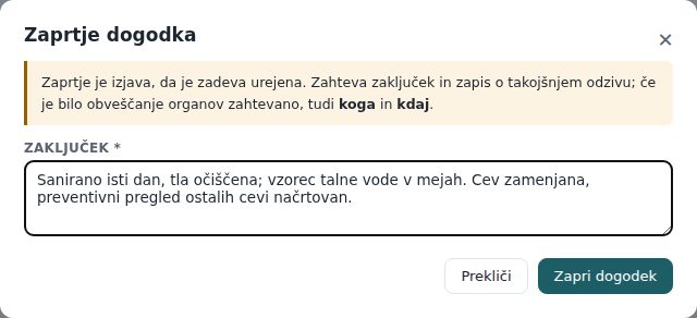 Okno Zaprtje dogodka z zaključkom