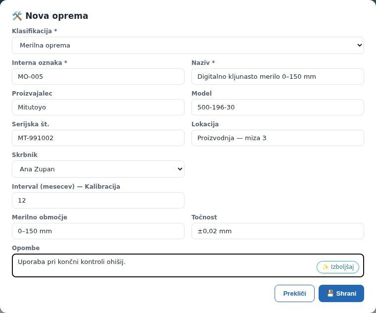 Okno Nova oprema za digitalno kljunasto merilo: klasifikacija Merilna oprema, območje in točnost