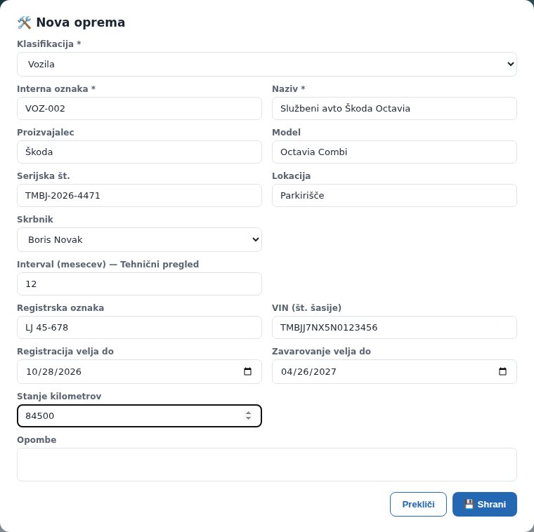 Isto okno za vozilo: registrska oznaka, VIN, veljavnost registracije in zavarovanja, stanje kilometrov