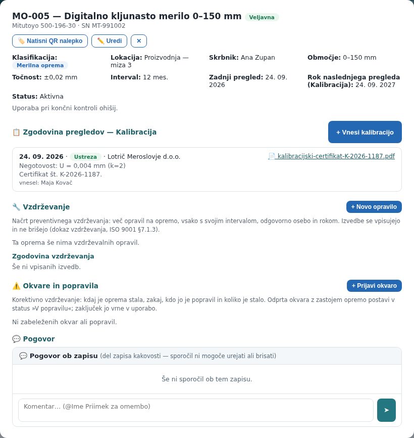 Podrobnosti novega merila, dokler še ni vnesen noben pregled