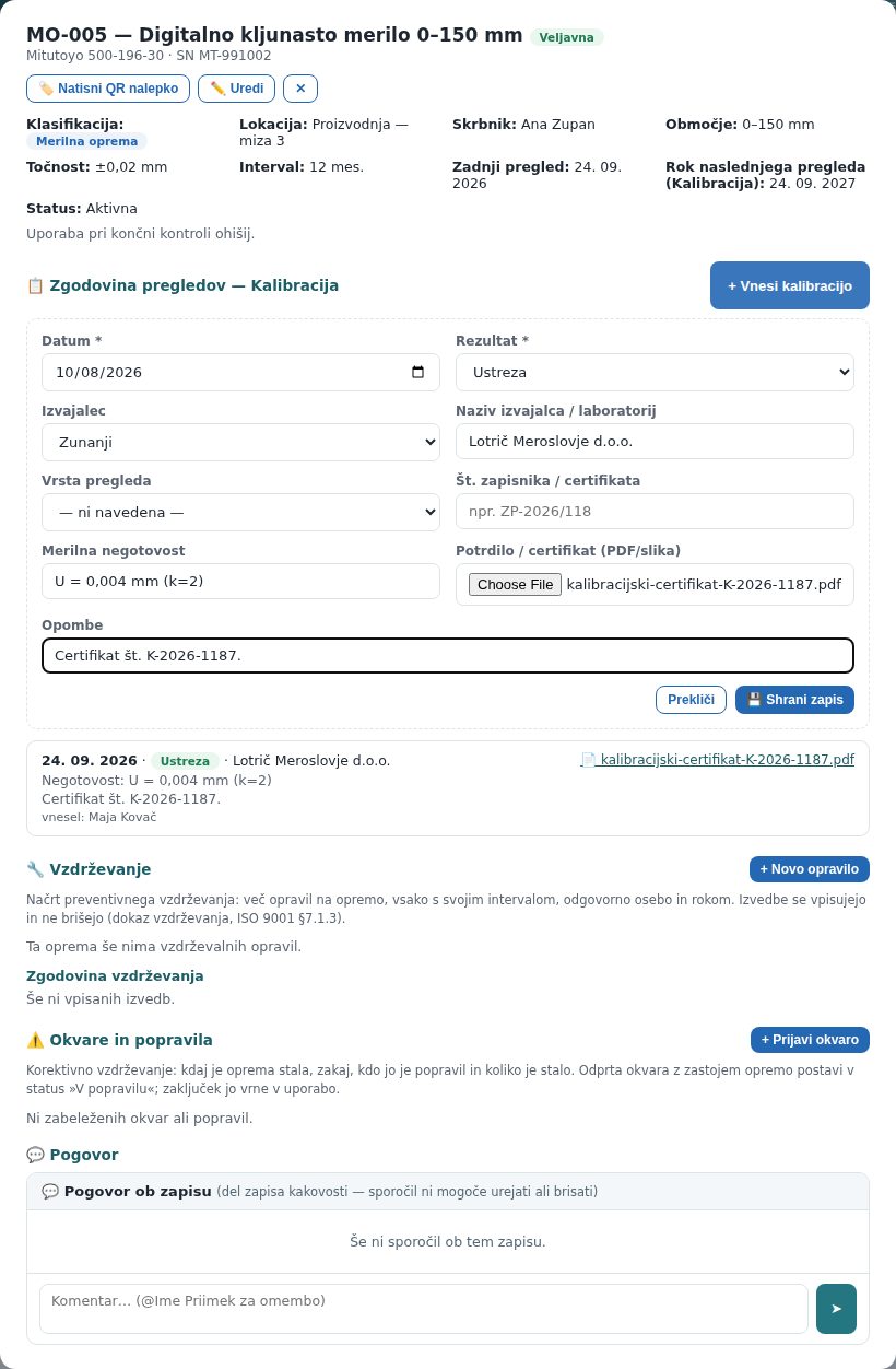 Obrazec za vnos kalibracije z zunanjim laboratorijem, negotovostjo in priloženim certifikatom