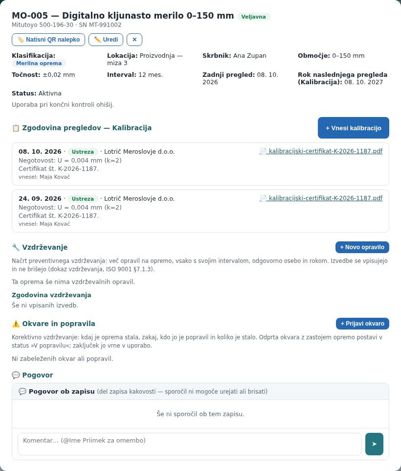 Podrobnosti merila po vnosu kalibracije: podatki, rok, zgodovina z rezultatom, negotovostjo in priloženim certifikatom