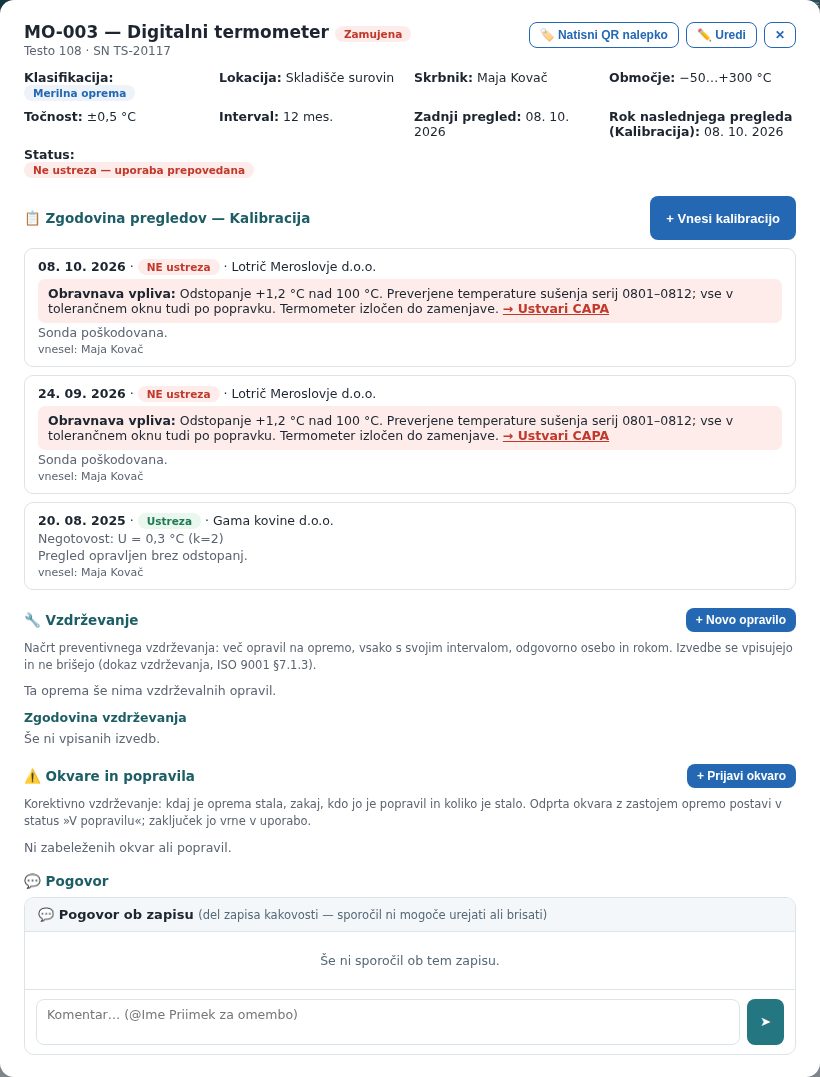 Zgodovina po shranitvi: rdeč okvir z obravnavo vpliva in povezavo → Ustvari CAPA