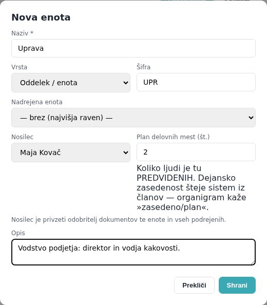 Okno Nova enota, izpolnjeno za enoto Uprava z nosilko in planom dveh mest