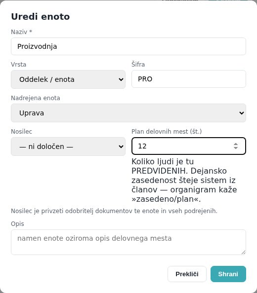 Premik enote Proizvodnja pod Upravo in vpis šifre ter plana