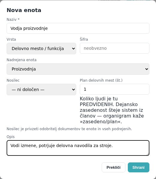 Isto okno za delovno mesto »Vodja proizvodnje« pod Proizvodnjo
