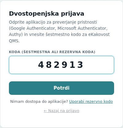 Drugi korak prijave: vnos šestmestne kode iz aplikacije
