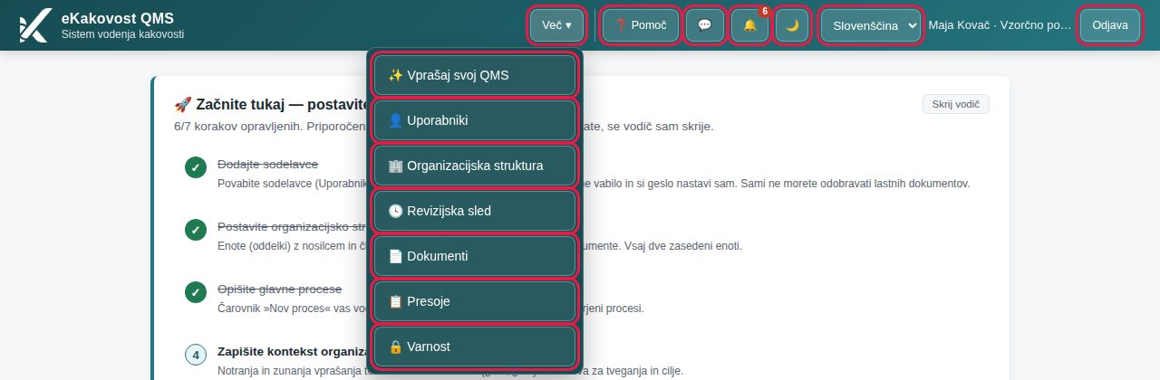 Glava domače strani skrbnika: gumbi strani v odprtem meniju »Več ▾«, desno standardni gumbi